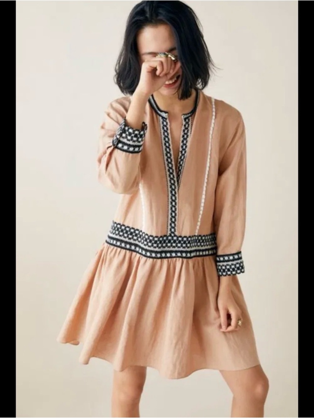 Zara Tan Dress Boho Size Large Linen Blend Vneck Tunic Embroidered Sophia Bush